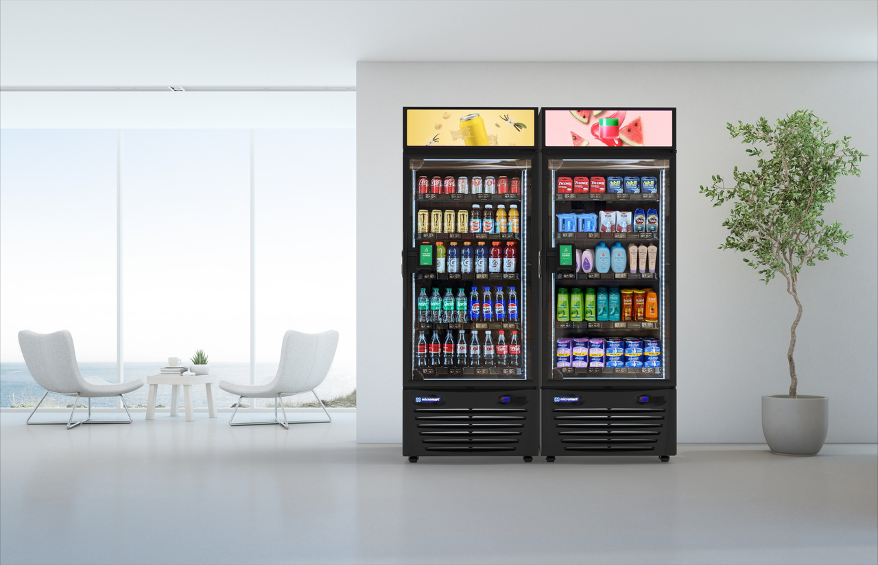 Two modern MicroMart smart vending machines in a bright room